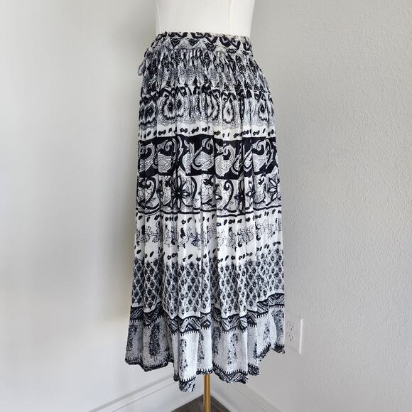 Vintage 90s Black White Paisley Print Tiered Boho Prairie Midi Skirt L - Picture 5 of 9